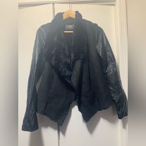 QED London Large Black Leather Jacket with Faux Fur Detail